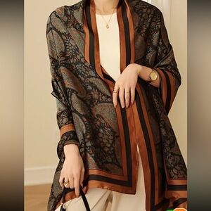 NWT SILK FEEL WOMENS SHAWL SCARF JADE GREEN, GINGER BROWN AND BLACK FLORAL PRINT